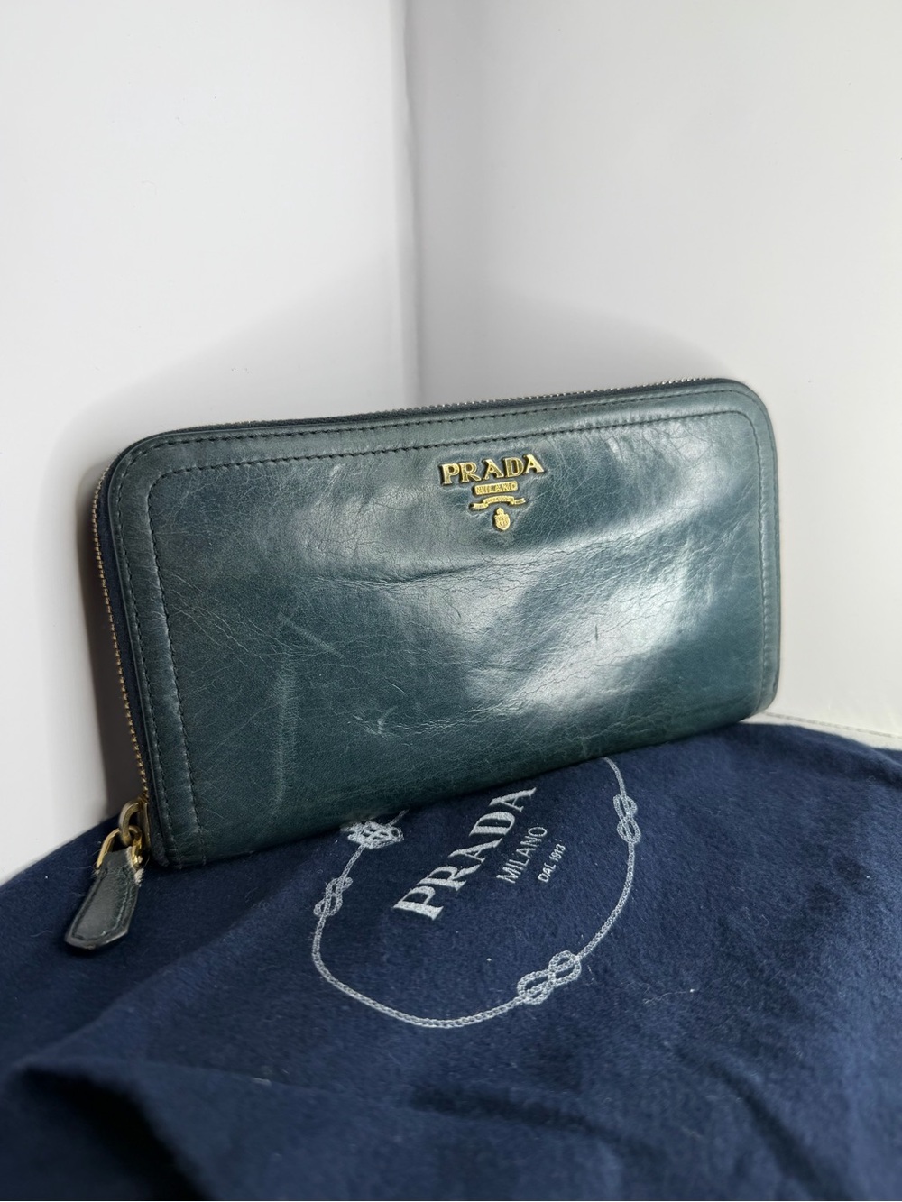 Prada Dark Green Leather Zip Wallet with Gold Logo